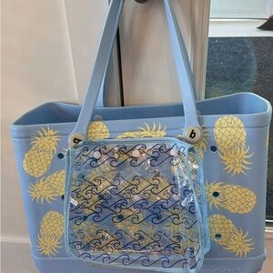 BOGG BAG Large Blue Tote with Yellow Pineapple Print and Clear Front Pouch
